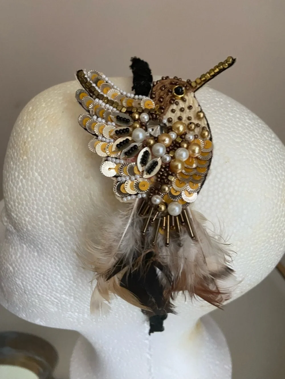 NWOT Handmade Beaded Gold & Brown Hummingbird Feather Headband